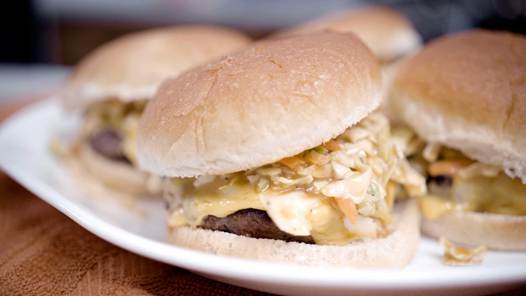 Jerk Burger topped with our sweet tropical coleslaw